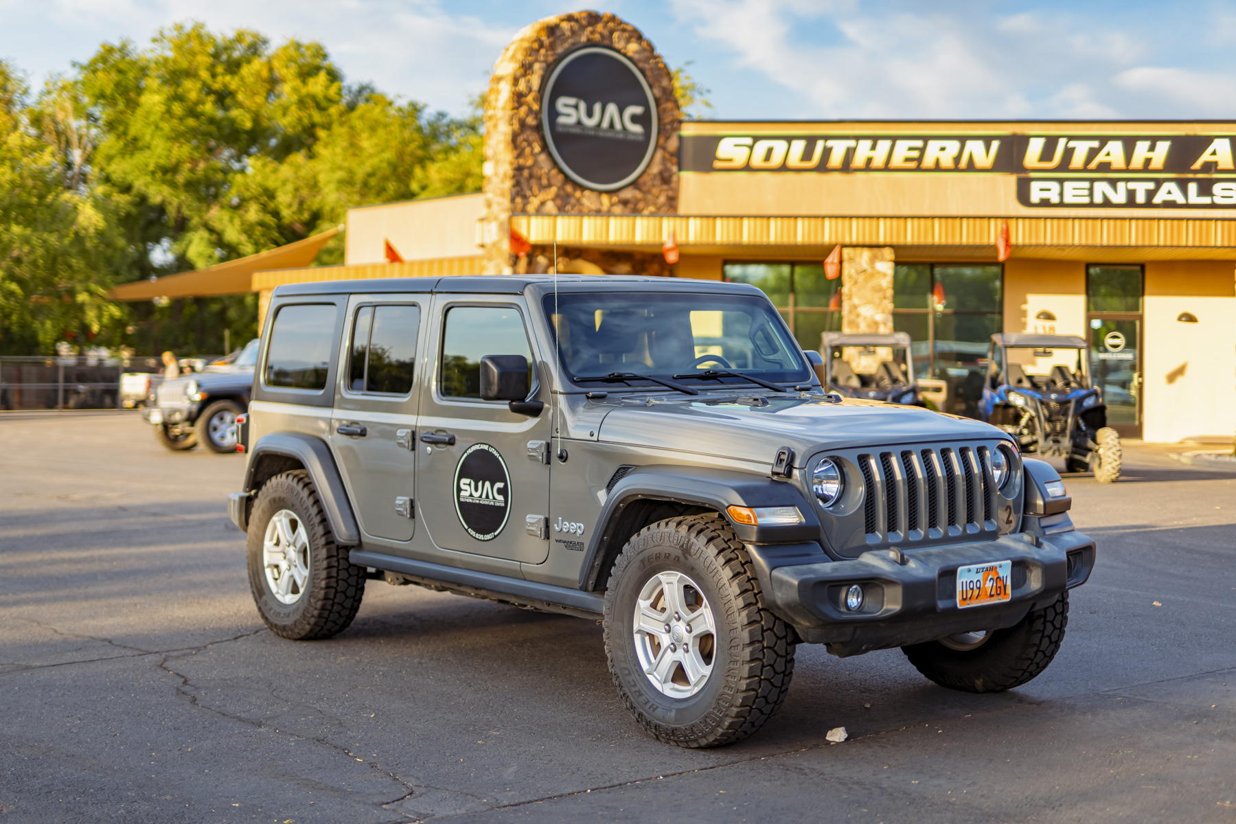 Jeep Wrangler rental at Southern Utah Adventure Center in Hurricane, Utah, ready for off-road adventures near Sand Hollow and Zion National Park.